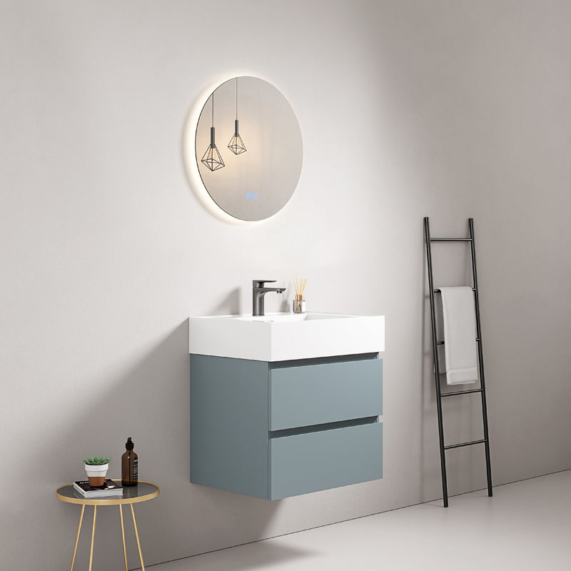 60cm suspended bathroom cabinet Avio Blue Resin sink Round backlit mirror - Fiji Paint