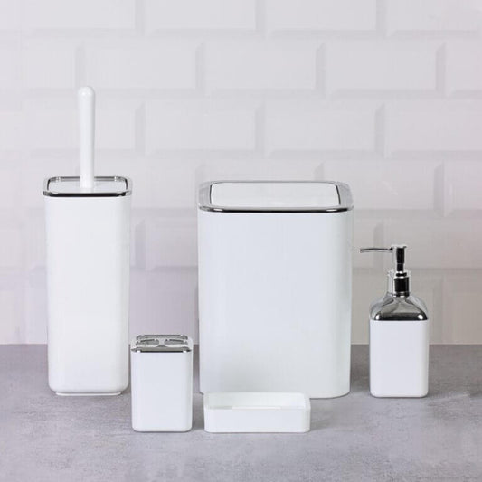 Set accessori da bagno quadrato lucido bianco e cromo, moderni e eleganti, perfetti per ogni ambiente.