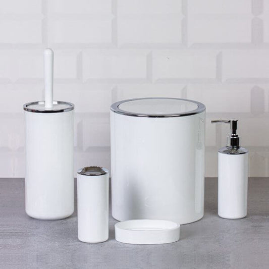 Set accessori da bagno tondo lucido bianco e cromo, design elegante e moderno, perfetto per ogni ambiente.