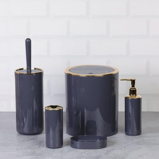 Set accessori da bagno tondo lucido in antracite e oro, elegante e moderno per ogni ambiente.
