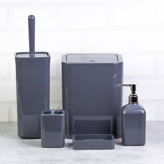 Set accessori da bagno quadrato lucido antracite Meda, includes dispenser, brush holder, and waste bin.