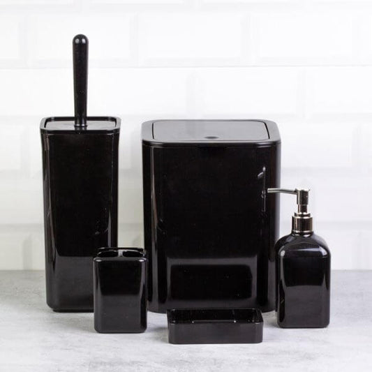 Set accessori da bagno quadrato lucido nero - Meda, include contenitore, dispenser e porta spazzole.