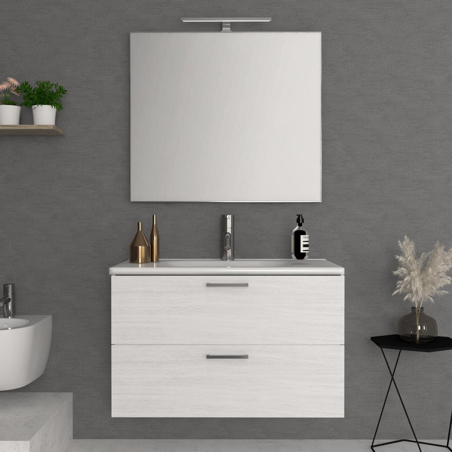 Mobile Bagno Sospeso 60 cm Quercia Bianco con Specchio con Lampada Led Alice &#8211; Savini (25688963)