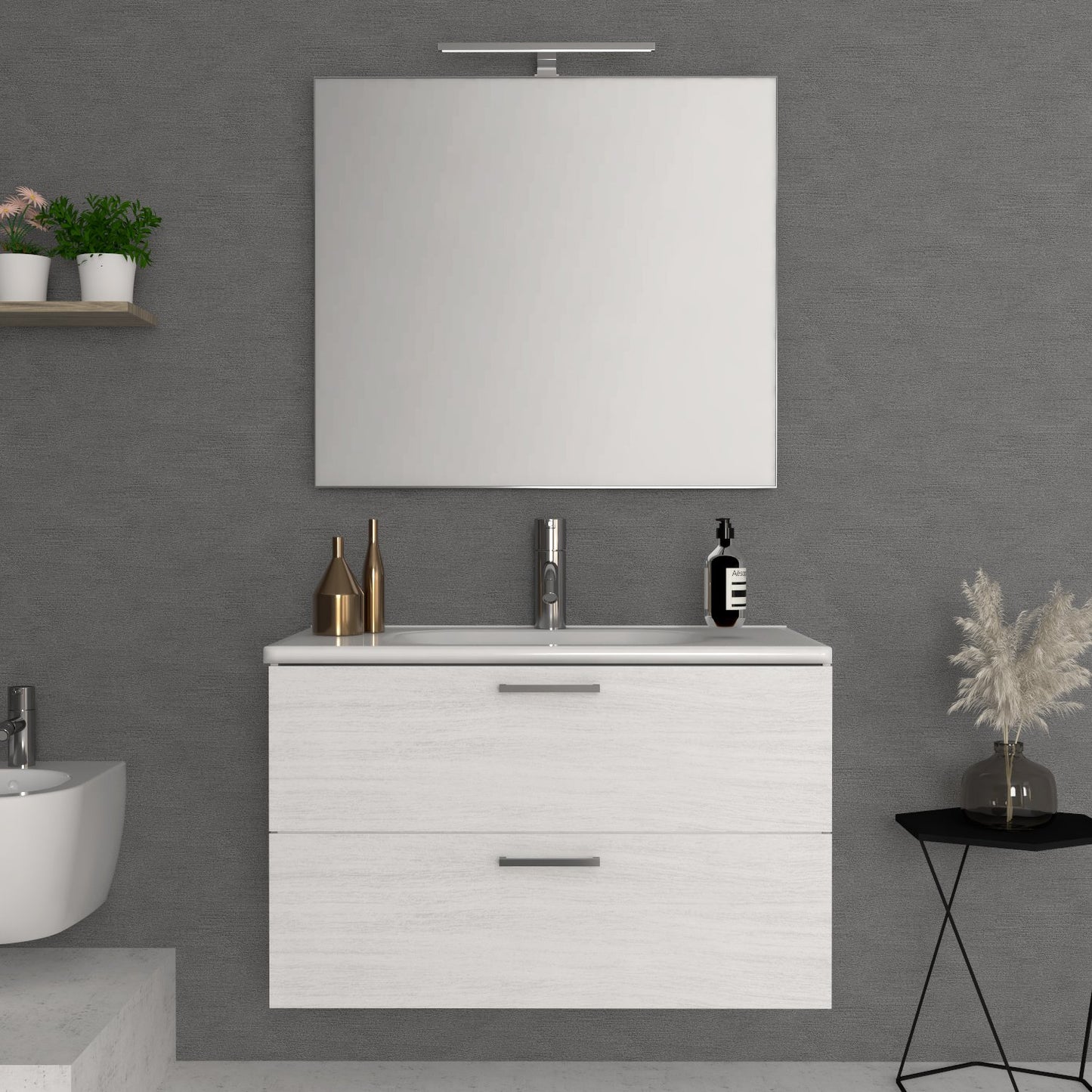 Mobile Bagno Sospeso 60 cm Quercia Bianco con Specchio con Lampada Led Alice &#8211; Savini (25688967)