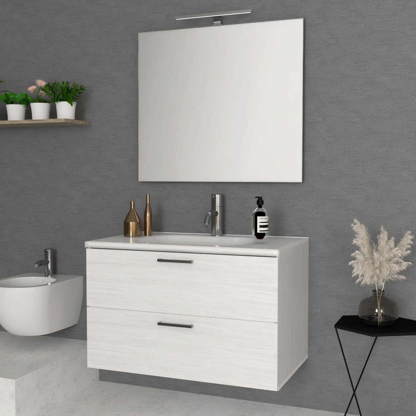 Mobile Bagno Sospeso 60 cm Quercia Bianco con Specchio con Lampada Led Alice &#8211; Savini (25688968)