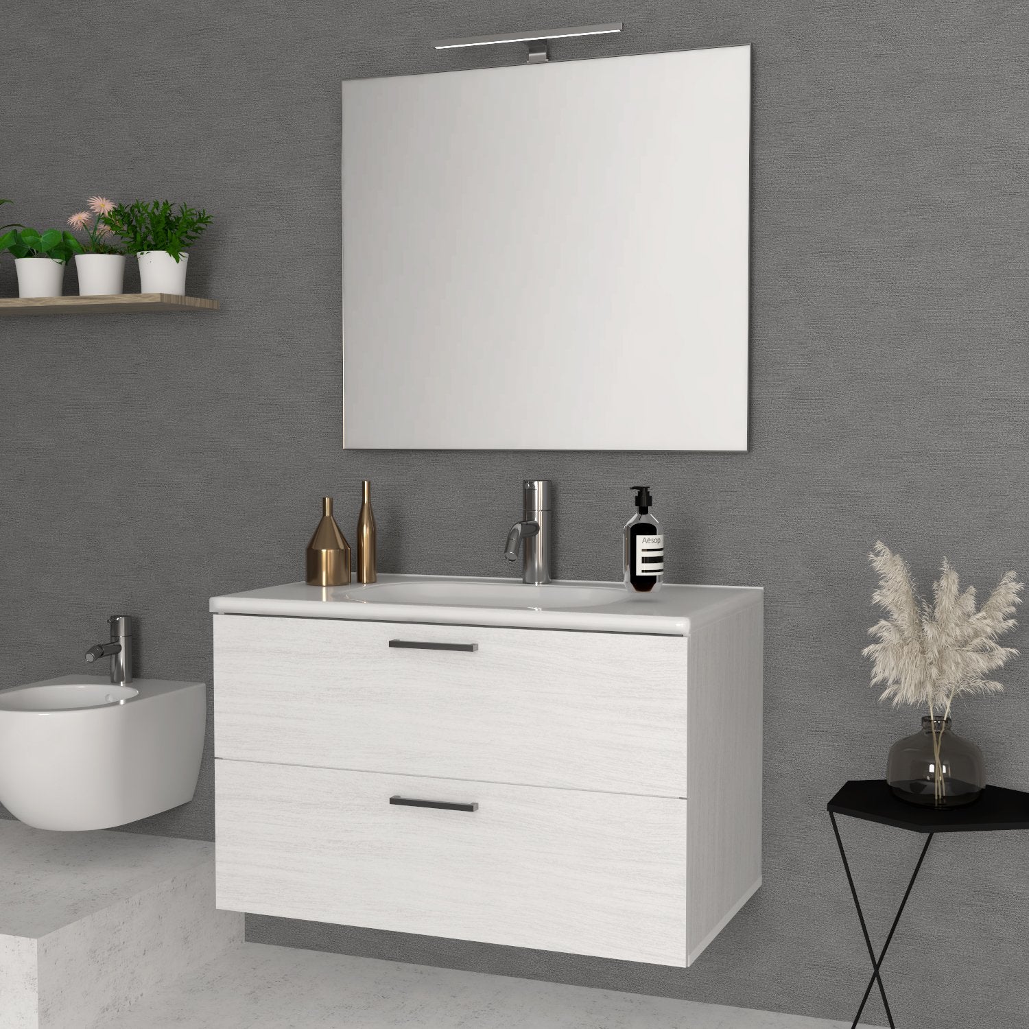 Mobile Bagno Sospeso 60 cm Quercia Bianco con Specchio con Lampada Led Alice &#8211; Savini (25688964)