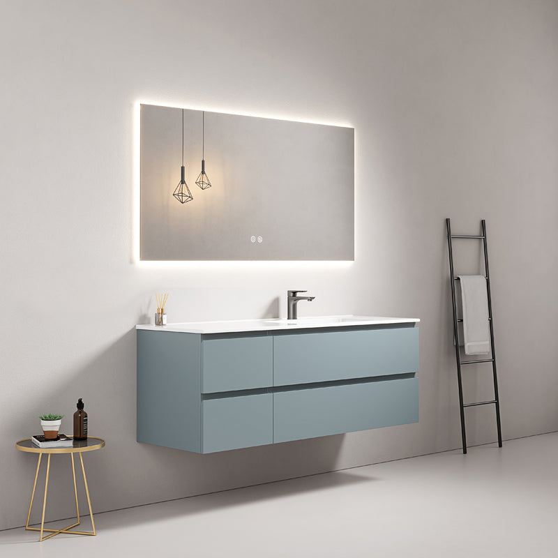 Mobile bagno sospeso 140 cm Blu Avio Lavabo a Destra in Resina Specchio Quadro Retroilluminato - Fiji Paint