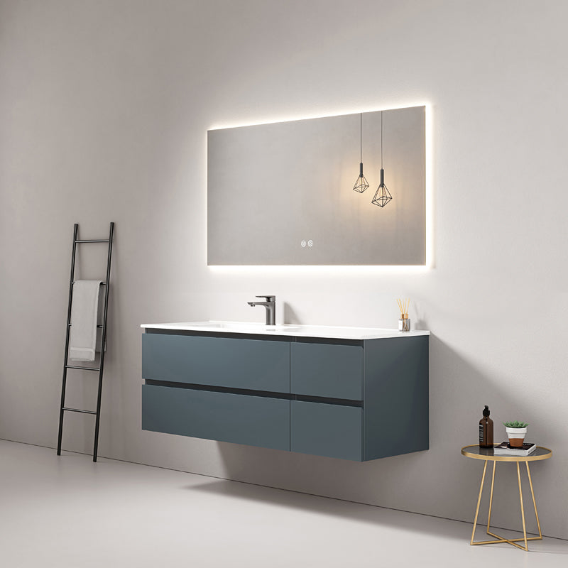 Mobile bagno sospeso 140 cm Blu Mare Lavabo a Sinistra in Resina Specchio Quadro Retroilluminato - Fiji Paint