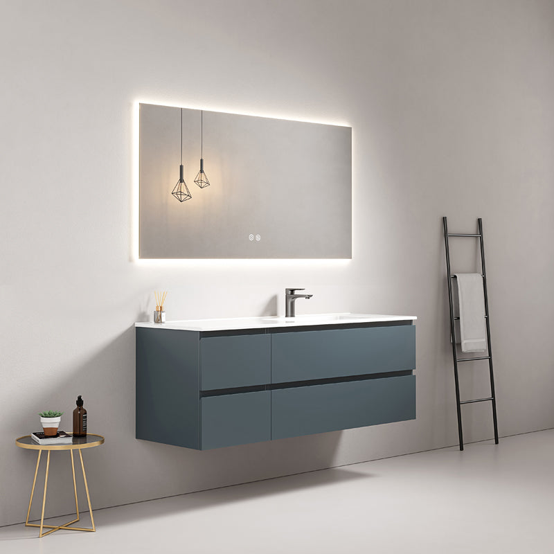 Mobile bagno sospeso 140 cm Blu Mare Lavabo a Destra in Resina Specchio Quadro Retroilluminato - Fiji Paint