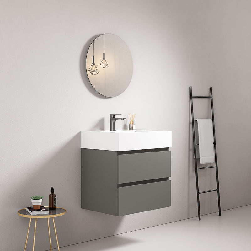60cm London Grey Wall-Hung Bathroom Cabinet Resin Sink Round Mirror - Fiji Paint