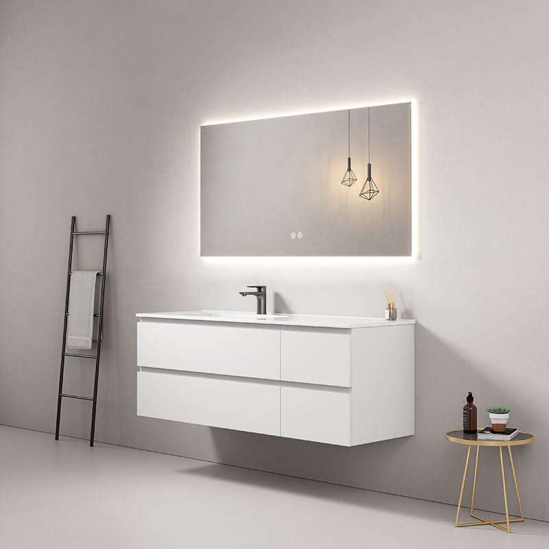 Mobile bagno sospeso 140 cm Bianco Lavabo a Sinistra in Resina Specchio Quadro Retroilluminato - Fiji Paint