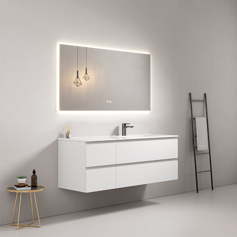 Mobile bagno sospeso 140 cm Bianco Lavabo a Destra in Resina Specchio Quadro Retroilluminato - Fiji Paint