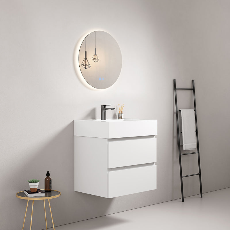 60cm White Wall-hung Bathroom Cabinet Resin Sink Round Backlit Mirror - Fiji Paint