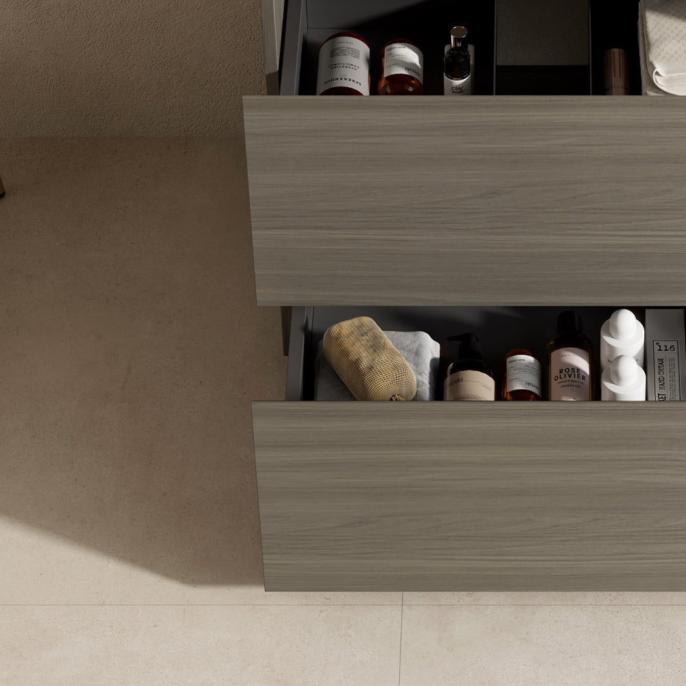 Mobile bagno a Terra 60 cm Beige Lavabo in Resina Specchio Tondo - Nube Wood