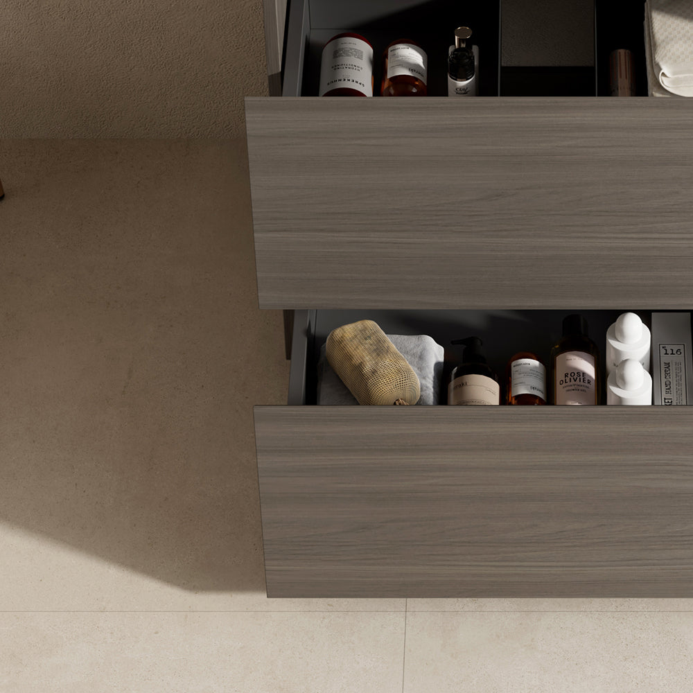 Mobile bagno a Terra 60 cm Grigio Lavabo in Resina Specchio Tondo Retroilluminato Profilo Nero - Nube Wood