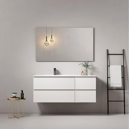 Mobile Bagno Sospeso 140 cm Wood Bianco con Lavabo a Sinistra in Resina e Specchio Rettangolare Fiji - Meda (25686082)