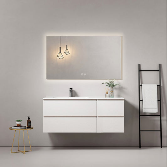 Mobile Bagno Sospeso 100 cm Wood Bianco con Lavabo a Sinistra in Ceramica e Specchio Retroilluminato Fiji - Meda (25683767)