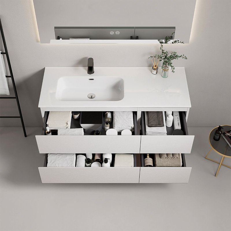 Mobile Bagno Sospeso 140 cm Wood Bianco con Lavabo a Sinistra in Resina e Specchio Rettangolare Fiji &#8211; Meda (25683769)
