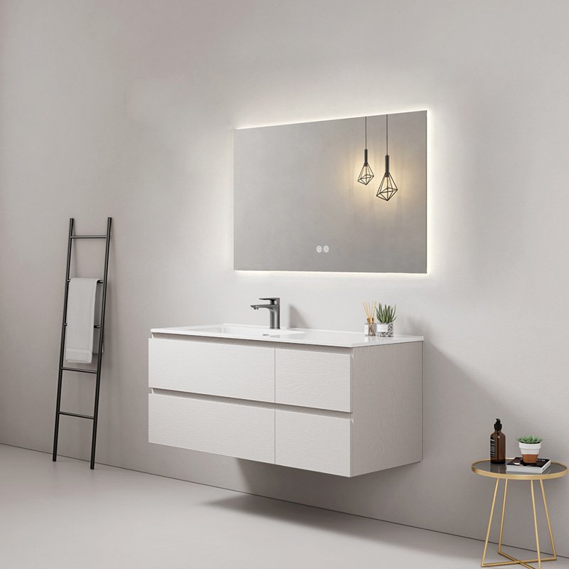 Mobile Bagno Sospeso 100 cm Wood Bianco con Lavabo a Sinistra in Ceramica e Specchio Retroilluminato Fiji &#8211; Meda (25683768)