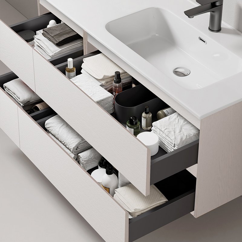 Mobile Bagno Sospeso 120 cm Wood Bianco con Lavabo a Destra in Ceramica e Specchio Rettangolare Fiji &#8211; Meda (25683604)