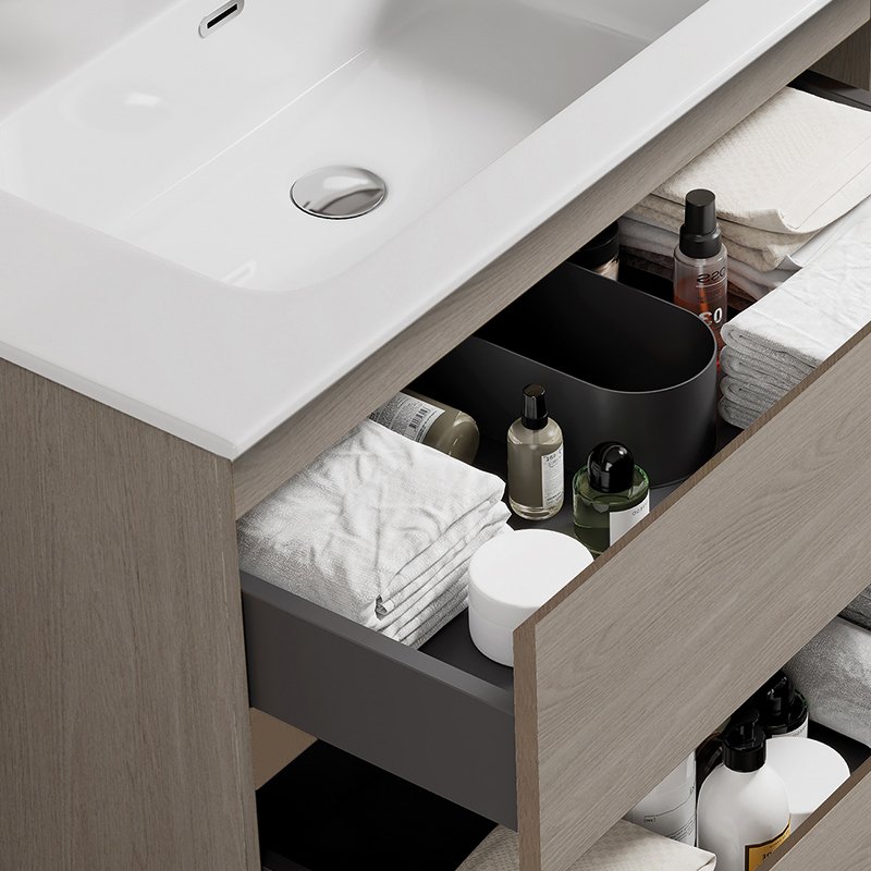 Mobile Bagno Sospeso 80 cm Wood Beige con Lavabo Centrale in Ceramica e Specchio Tondo Fiji &#8211; Meda (25687111)