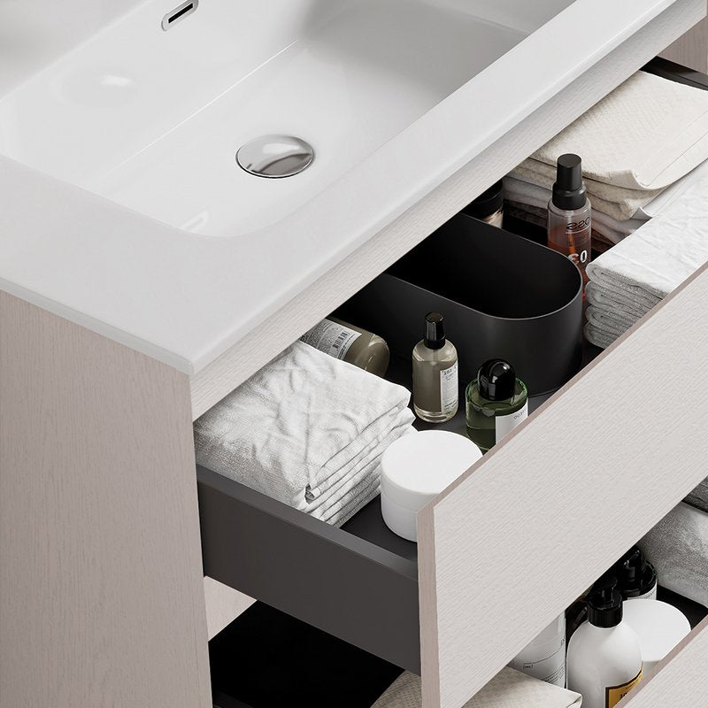 Mobile Bagno Sospeso 100 cm Wood Bianco con Lavabo Centrale in Ceramica e Specchio Tondo Fiji &#8211; Meda (25687288)