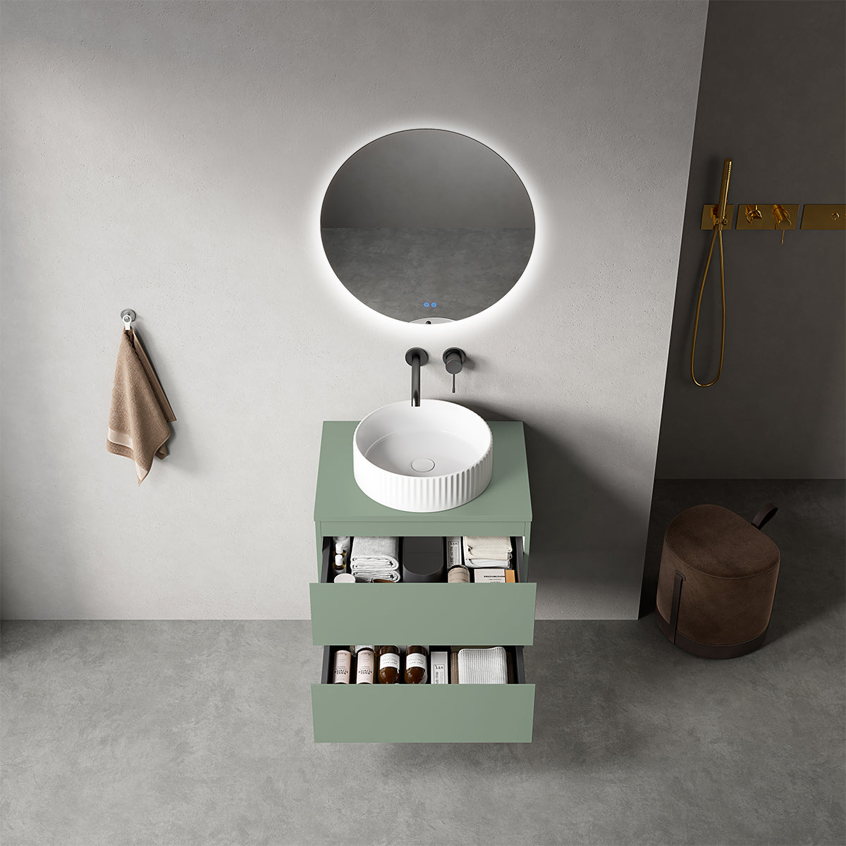 Mobile bagno sospeso 60 cm Verde Salvia per Lavabo d'appoggio Specchio Tondo Retroilluminato - Fiji Paint Top