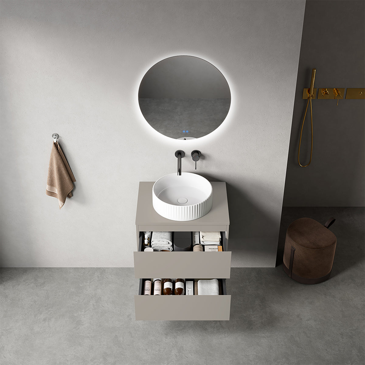 Mobile bagno sospeso 60 cm Grigio Cenere per Lavabo d'appoggio Specchio Tondo Retroilluminato - Fiji Paint Top