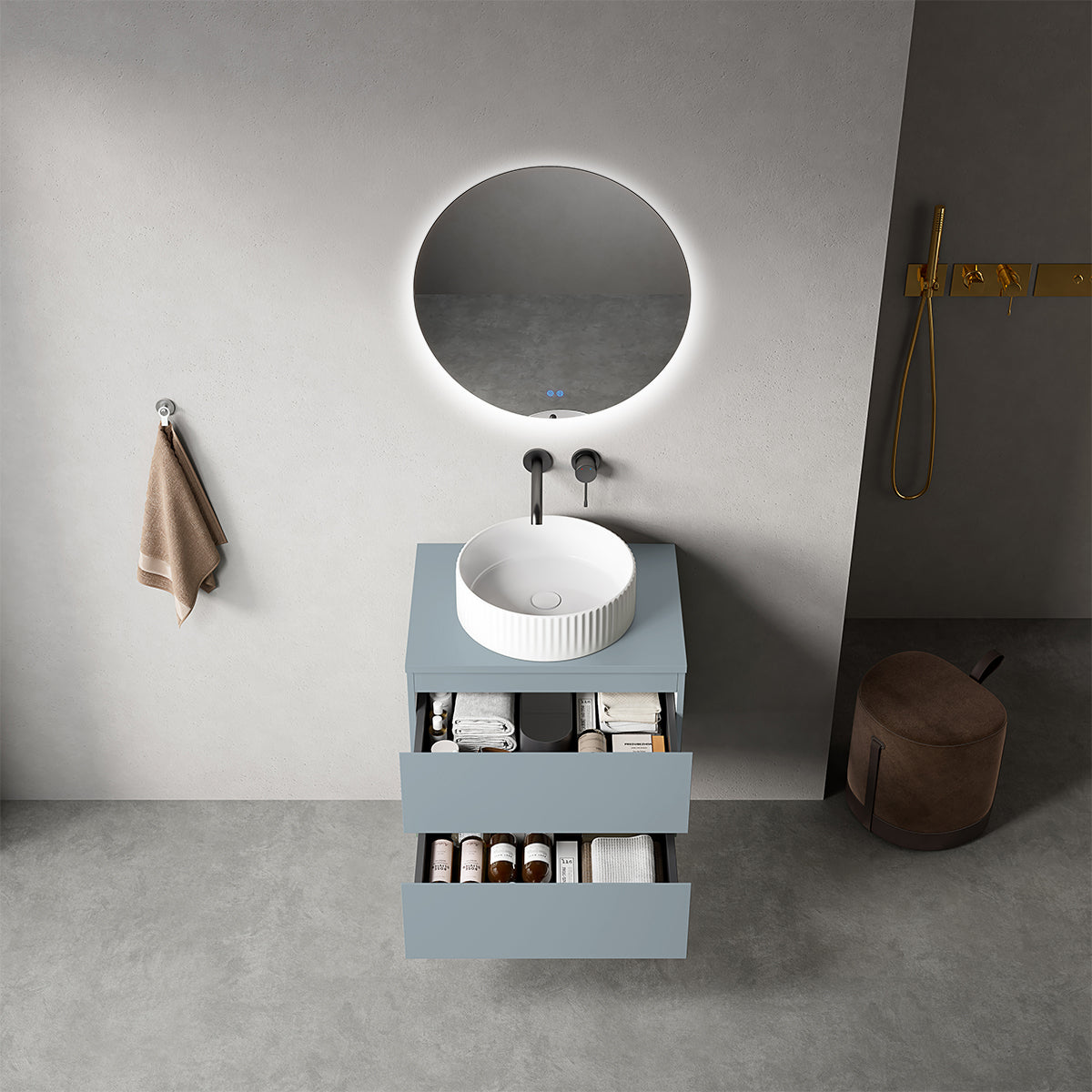 Mobile bagno sospeso 60 cm Blu Avio per Lavabo d'appoggio Specchio Tondo Retroilluminato - Fiji Paint Top