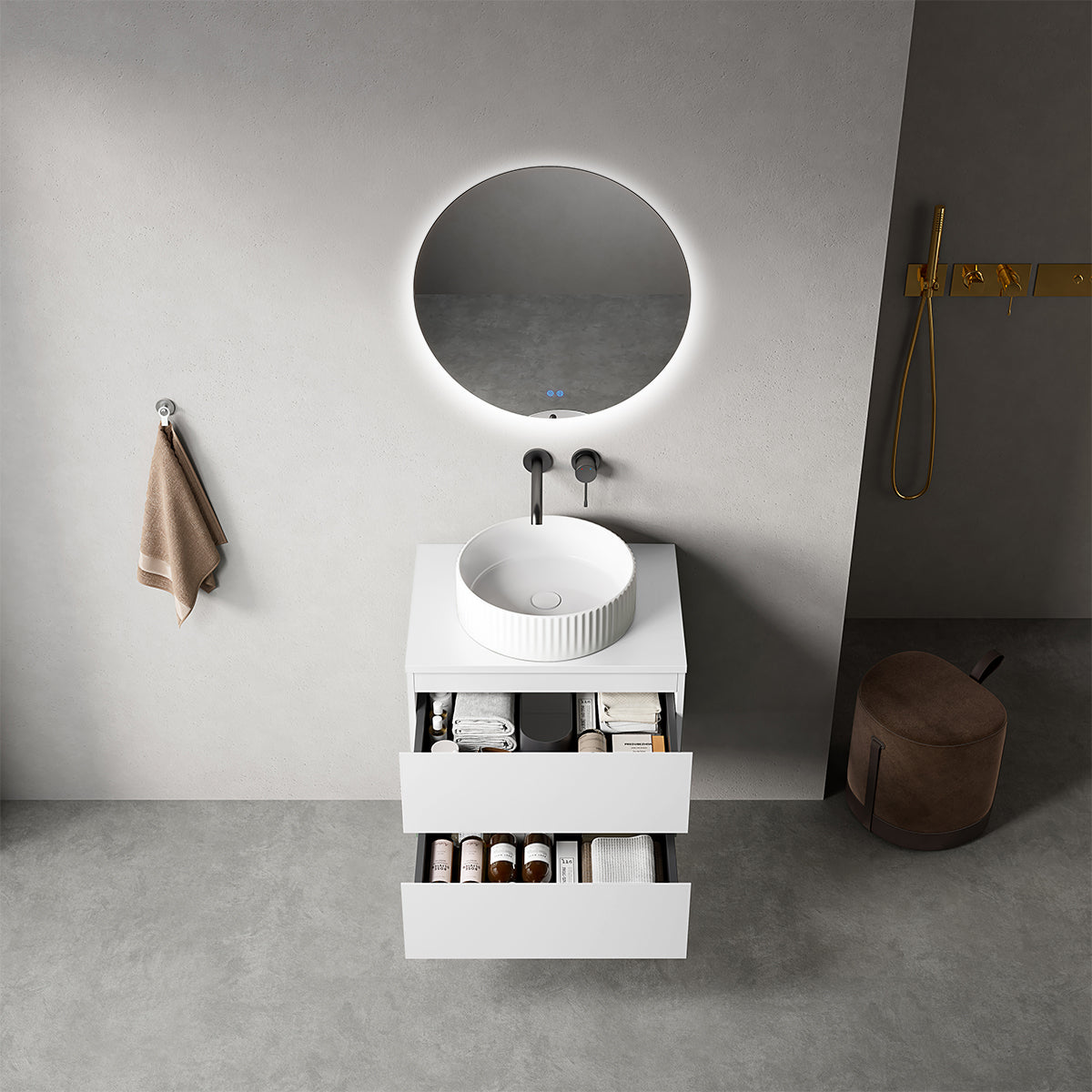 Mobile bagno sospeso 60 cm Bianco Opaco per Lavabo d'appoggio Specchio Tondo Retroilluminato - Fiji Paint Top