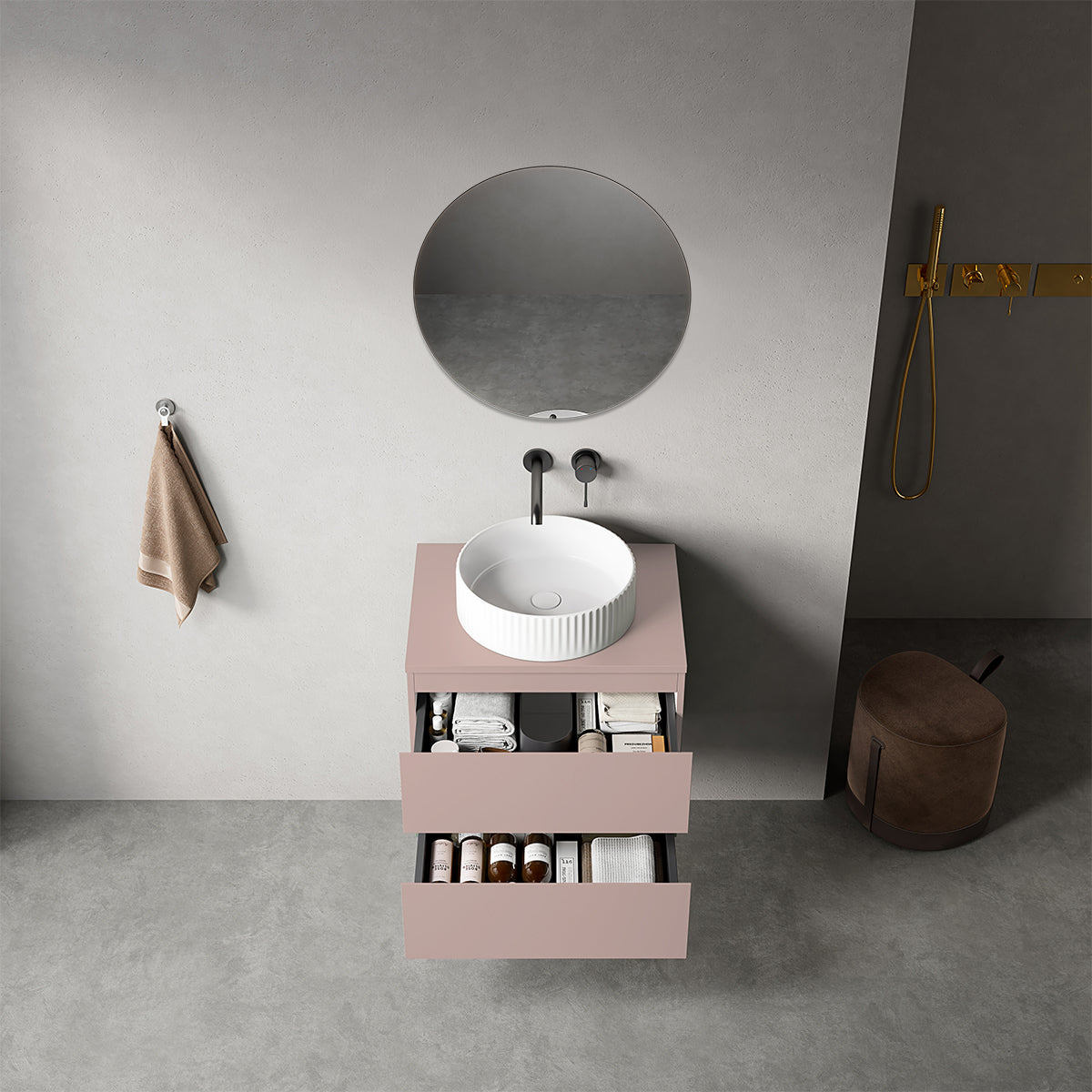 Mobile bagno sospeso 60 cm Rosa Retrò per Lavabo d'appoggio Specchio Tondo - Fiji Paint Top