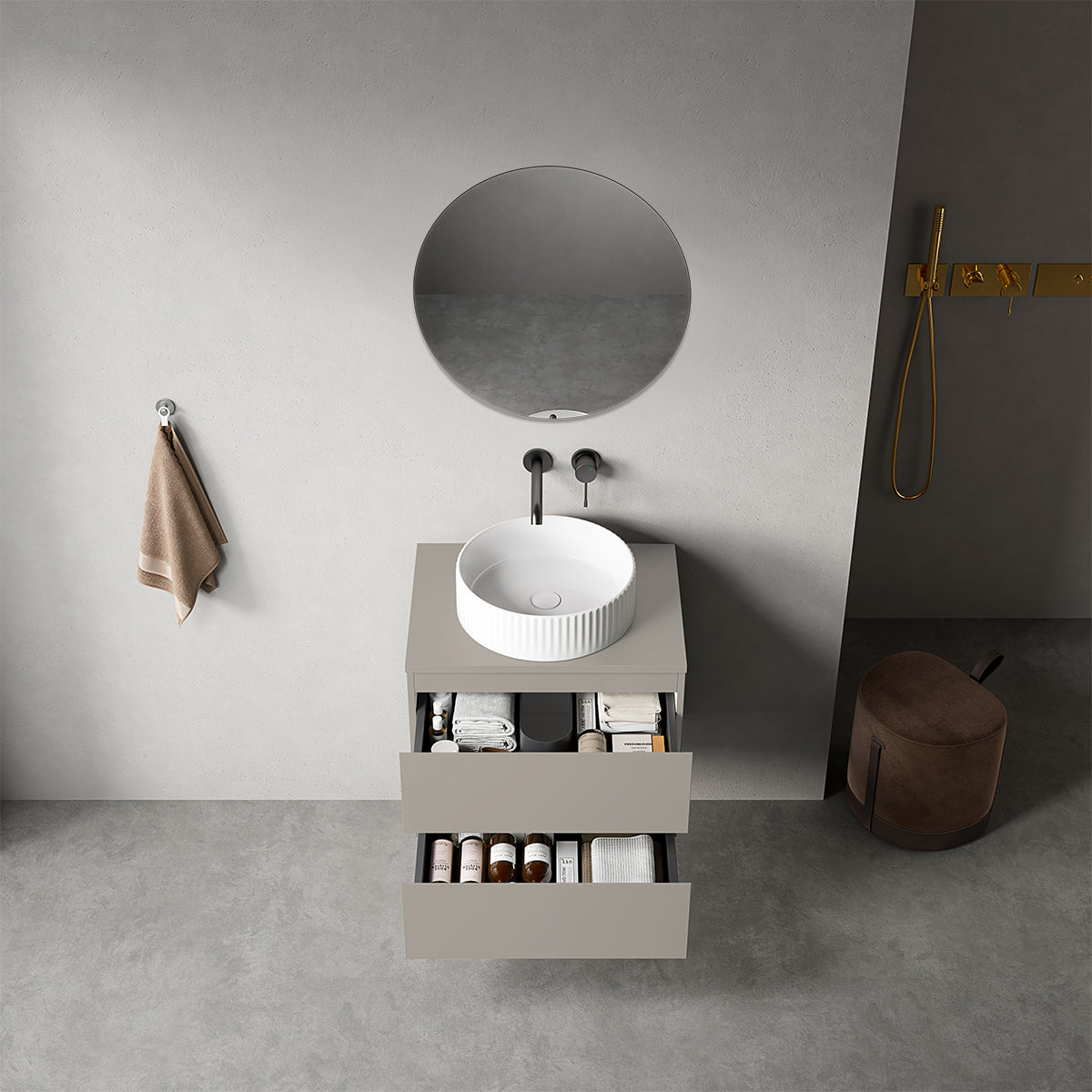 Mobile bagno sospeso 60 cm Grigio Cenere per Lavabo d'appoggio Specchio Tondo - Fiji Paint Top