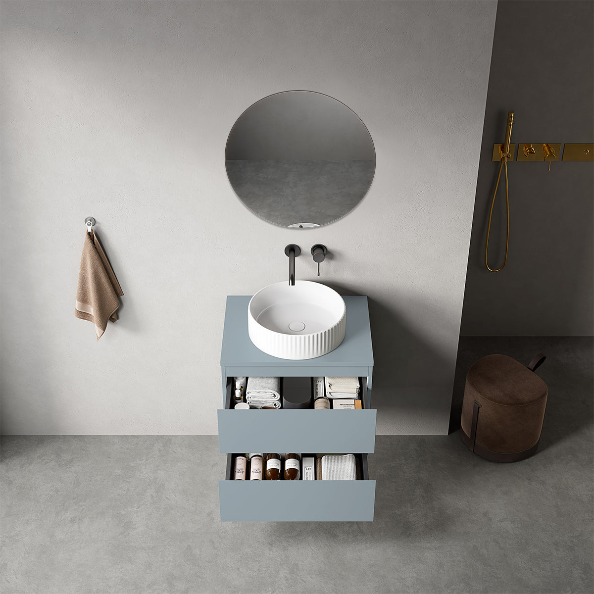 Mobile bagno sospeso 60 cm Blu Avio per Lavabo d'appoggio Specchio Tondo - Fiji Paint Top