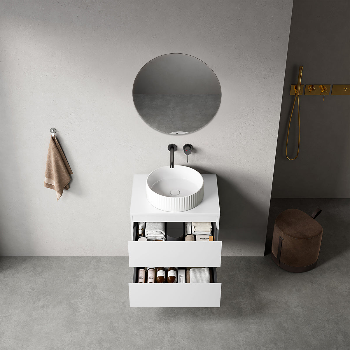 Mobile bagno sospeso 60 cm Bianco Opaco per Lavabo d'appoggio Specchio Tondo - Fiji Paint Top