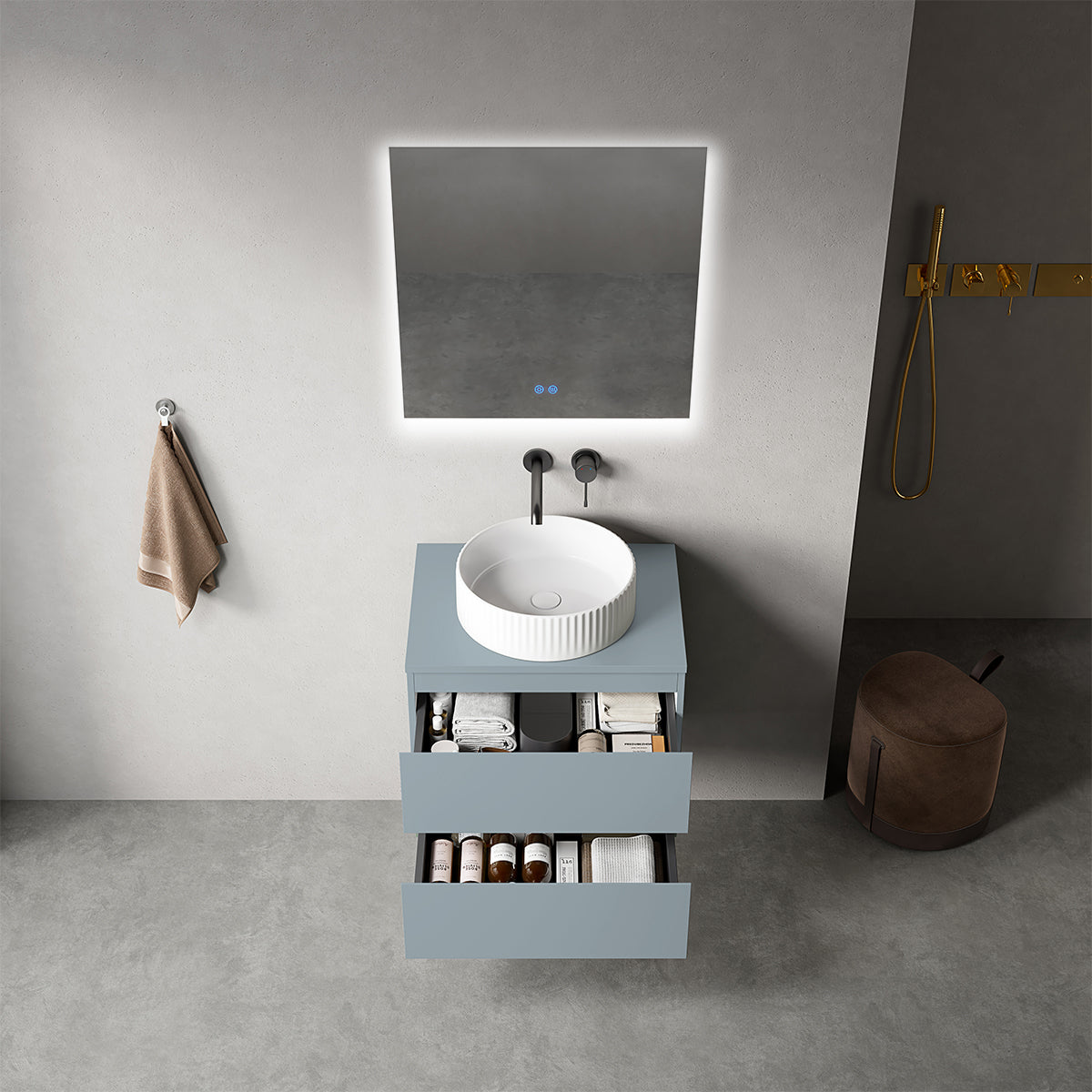 Mobile bagno sospeso 60 cm Blu Avio per Lavabo d'appoggio Specchio Quadro Retroilluminato - Fiji Paint Top
