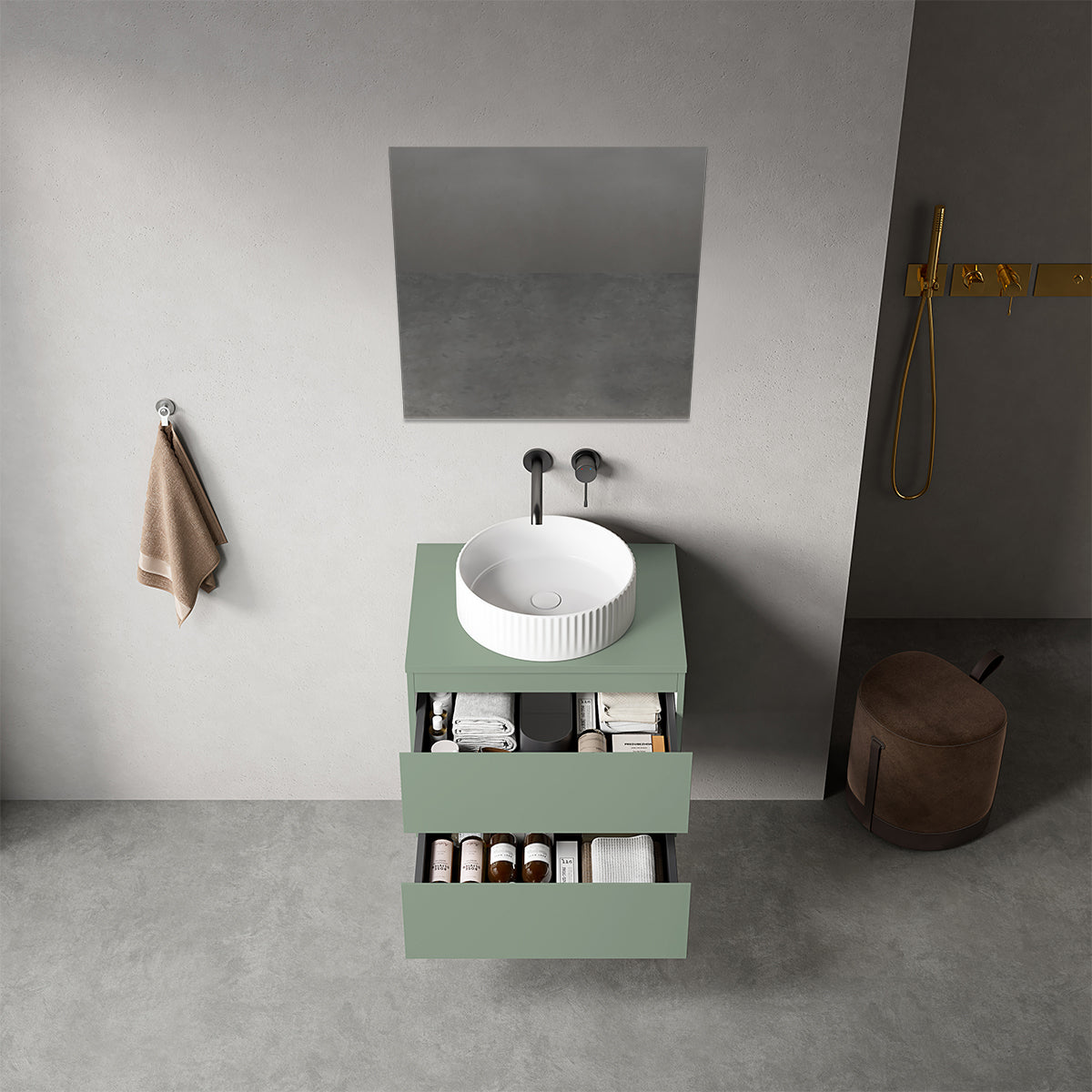 Mobile bagno sospeso 60 cm Verde Salvia per Lavabo d'appoggio Specchio Quadro - Fiji Paint Top