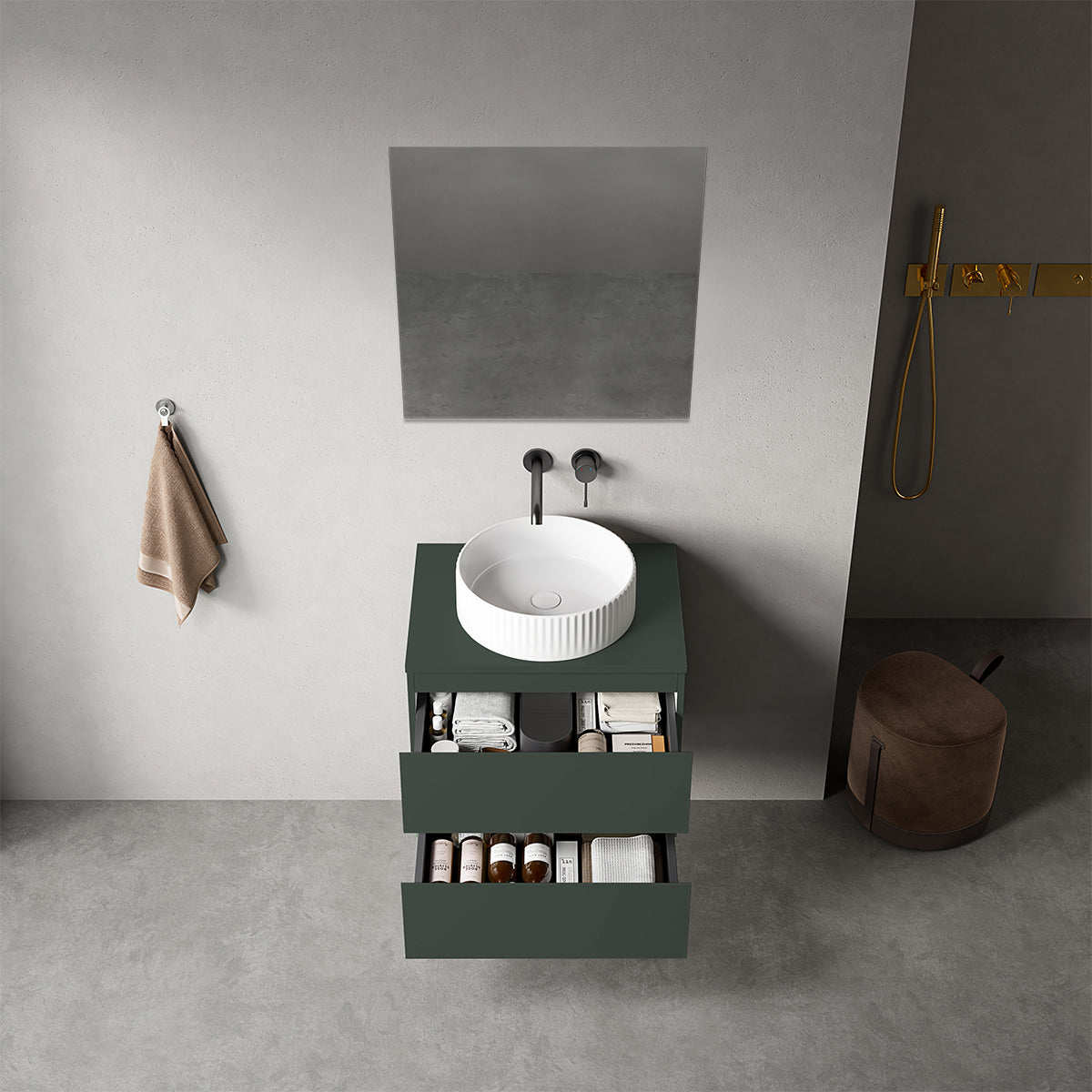 Mobile bagno sospeso 60 cm Verde Comodoro per Lavabo d'appoggio Specchio Quadro - Fiji Paint Top