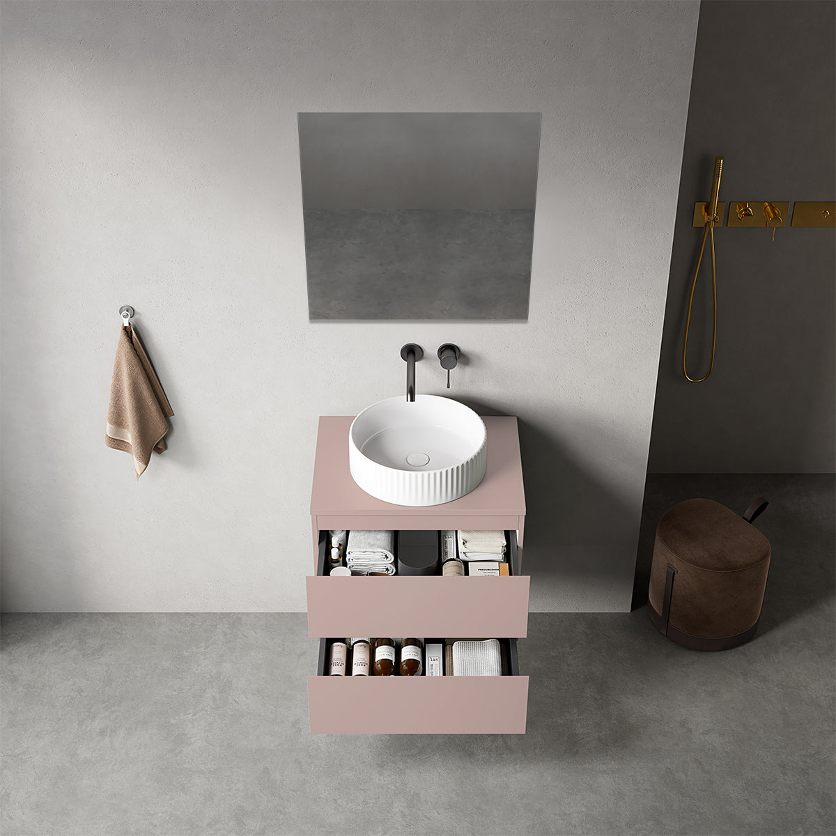 Mobile bagno sospeso 60 cm Rosa Retrò per Lavabo d'appoggio Specchio Quadro - Fiji Paint Top