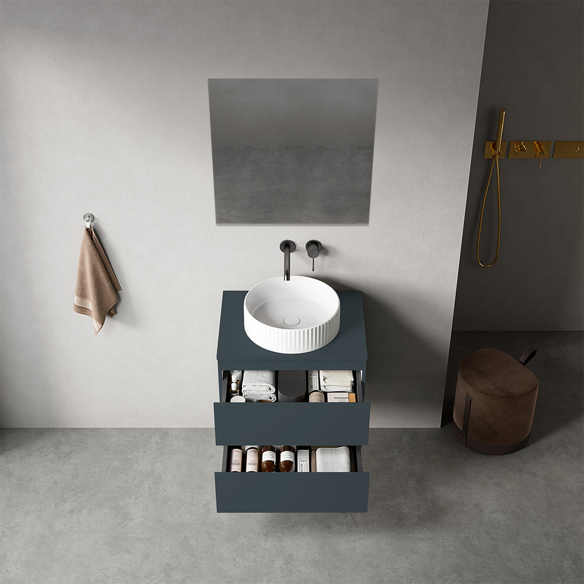 Mobile bagno sospeso 60 cm Blu Mare per Lavabo d'appoggio Specchio Quadro - Fiji Paint Top