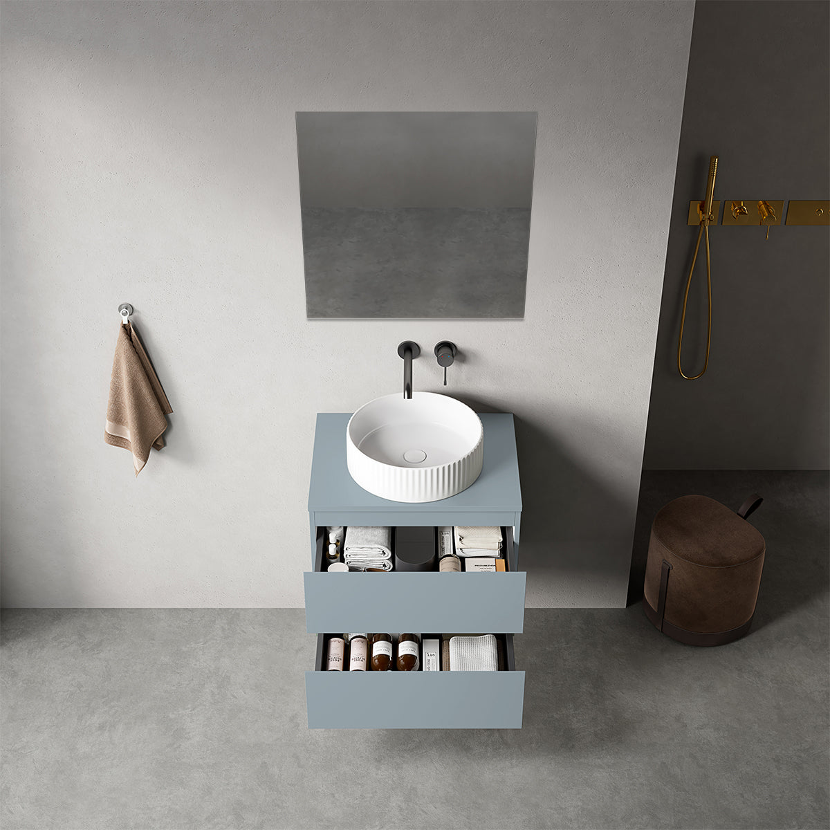 Mobile bagno sospeso 60 cm Blu Avio per Lavabo d'appoggio Specchio Quadro - Fiji Paint Top