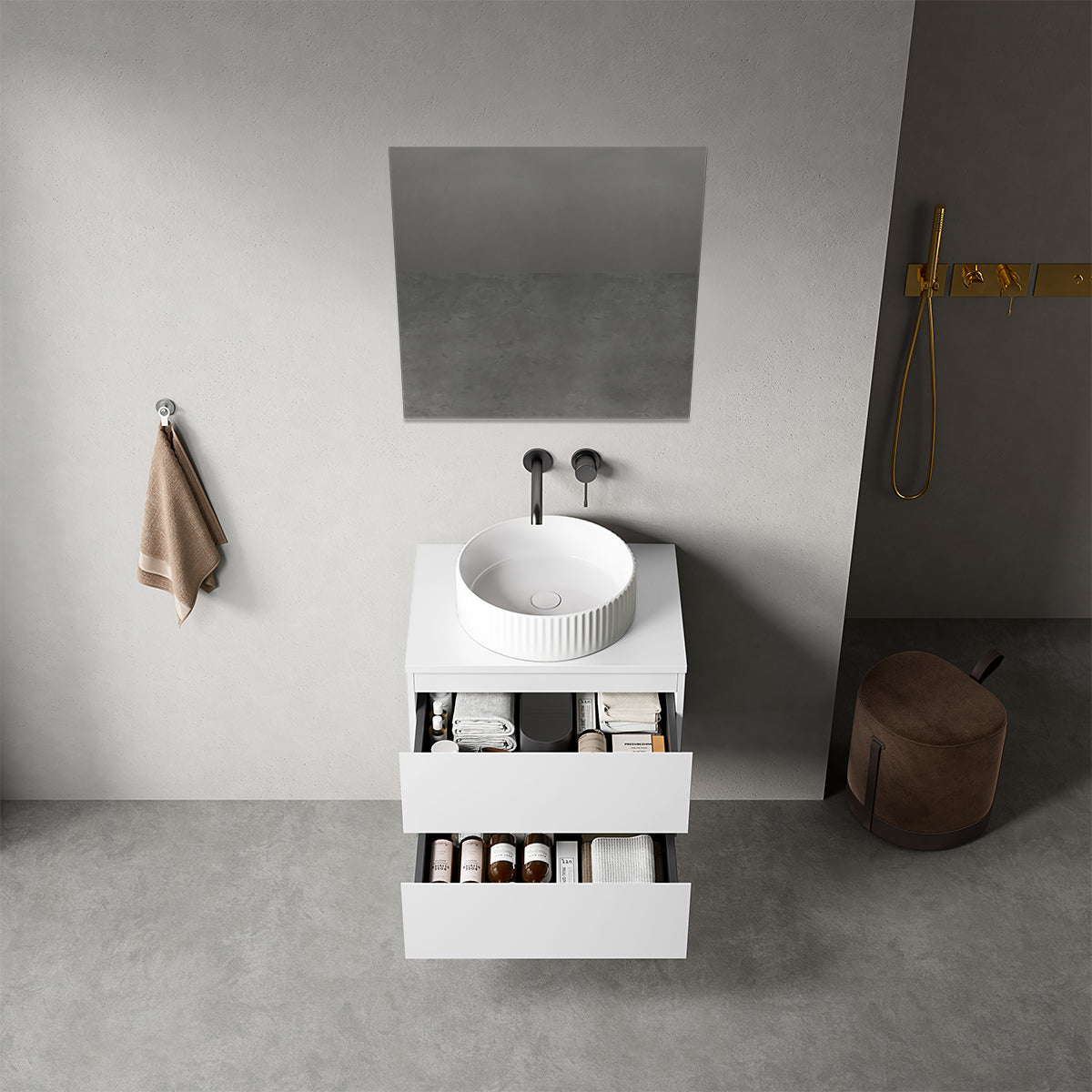 Mobile bagno sospeso 60 cm Bianco Opaco per Lavabo d'appoggio Specchio Quadro - Fiji Paint Top