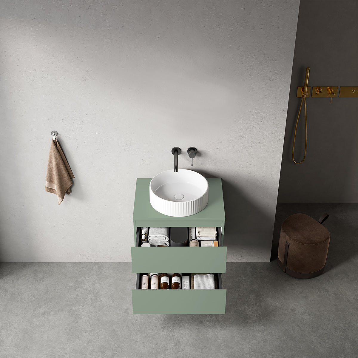 Mobile bagno sospeso 60 cm Verde Salvia per Lavabo d'appoggio Senza Specchio - Fiji Paint Top