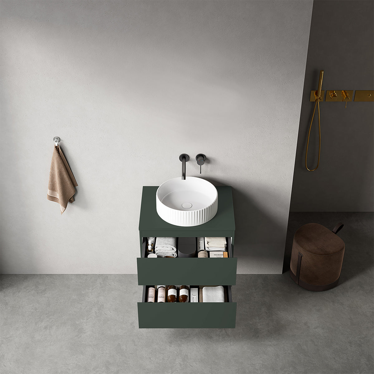 Mobile bagno sospeso 60 cm Verde Comodoro per Lavabo d'appoggio Senza Specchio - Fiji Paint Top