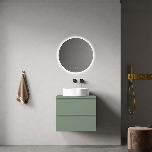 Mobile bagno sospeso 60 cm Verde Salvia per Lavabo d'appoggio Specchio Tondo Retroilluminato - Fiji Paint Top