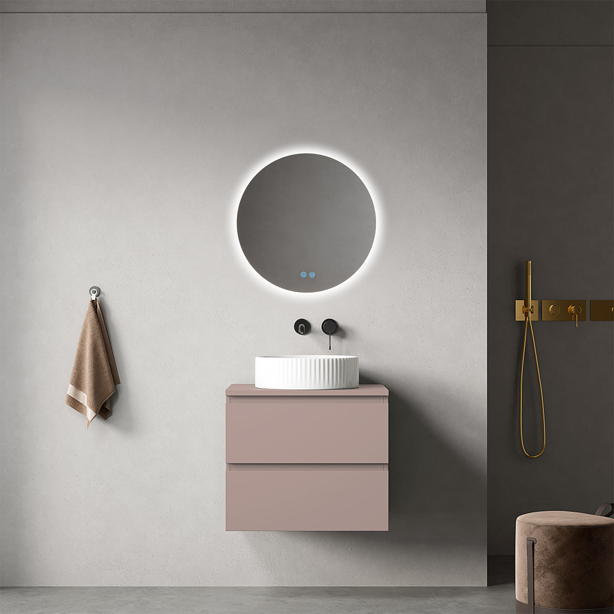 Mobile bagno sospeso 60 cm Rosa Retrò per Lavabo d'appoggio Specchio Tondo - Fiji Paint Top