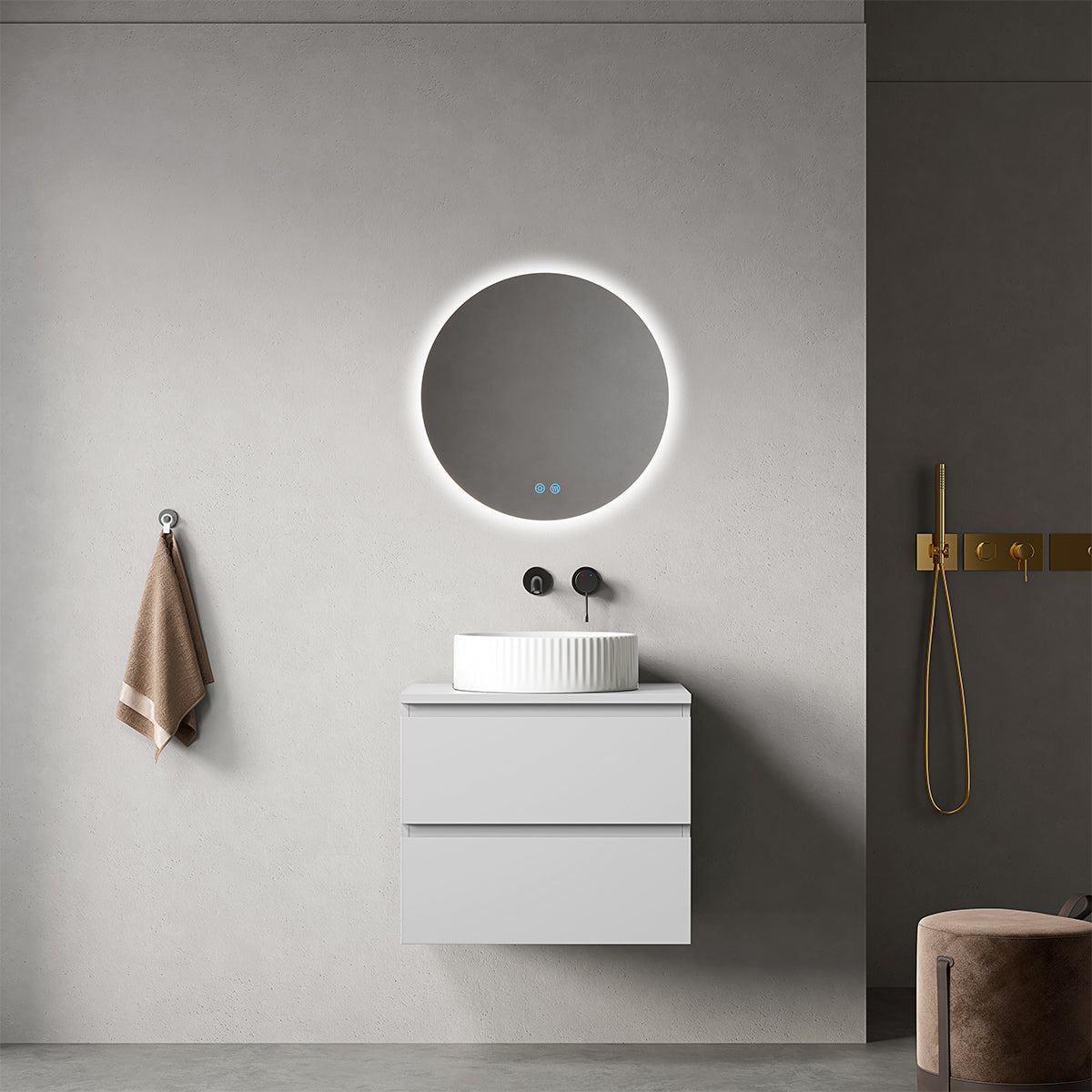 Mobile bagno sospeso 60 cm Bianco Opaco per Lavabo d'appoggio Specchio Tondo Retroilluminato - Fiji Paint Top