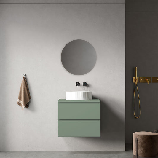 Mobile bagno sospeso 60 cm Verde Salvia per Lavabo d'appoggio Specchio Tondo - Fiji Paint Top