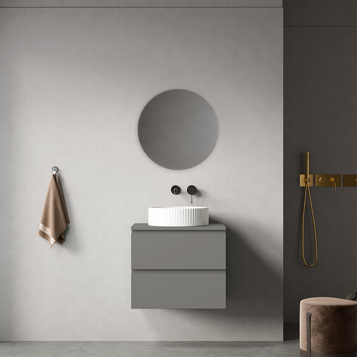 Mobile bagno sospeso 60 cm Grigio Londra per Lavabo d'appoggio Specchio Tondo - Fiji Paint Top