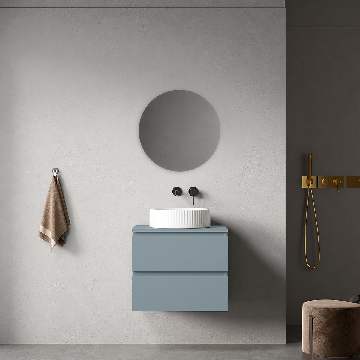 Mobile bagno sospeso 60 cm Blu Avio per Lavabo d'appoggio Specchio Tondo - Fiji Paint Top