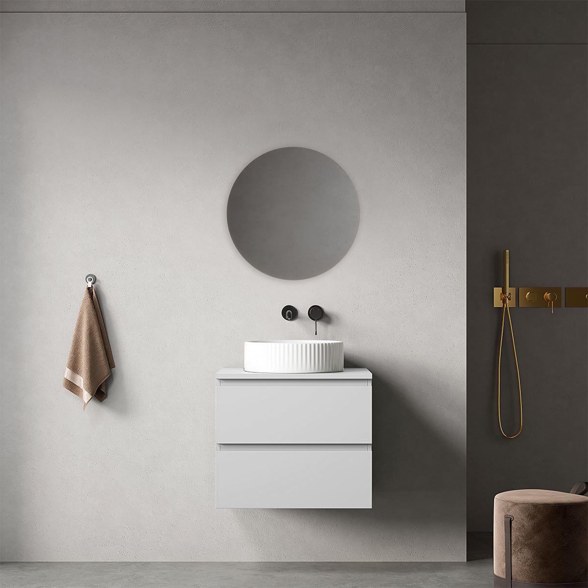 Mobile bagno sospeso 60 cm Bianco Opaco per Lavabo d'appoggio Specchio Tondo - Fiji Paint Top